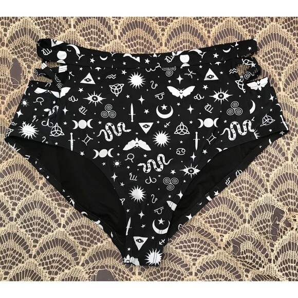 Hot Topic Black & White Bikini Bottoms Size XL Zodiac Signs Goth High Cut - Picture 1 of 6